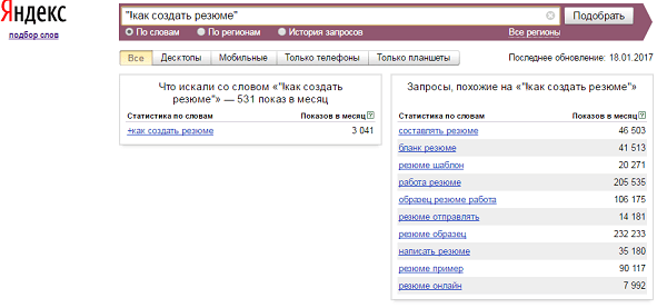 пример запроса в Wordstat Yandex