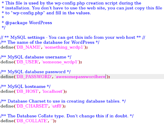 Детали базы данных WordPress в wp-config.php